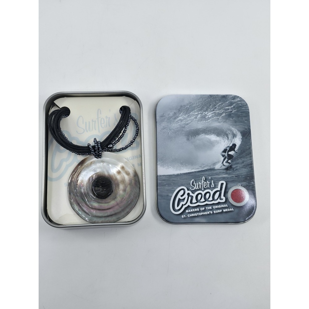 Surfer's Creed Abalone Mother of Pearl Pendant Necklace Black Cord Tin Box